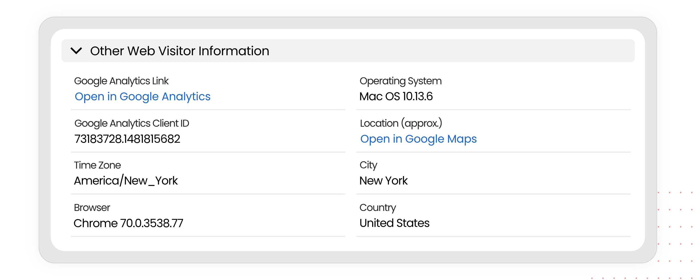 Website visitor data GA Connector adds to a CRM lead: Google Analytics client ID, browser, operating system, time zone, city and country
