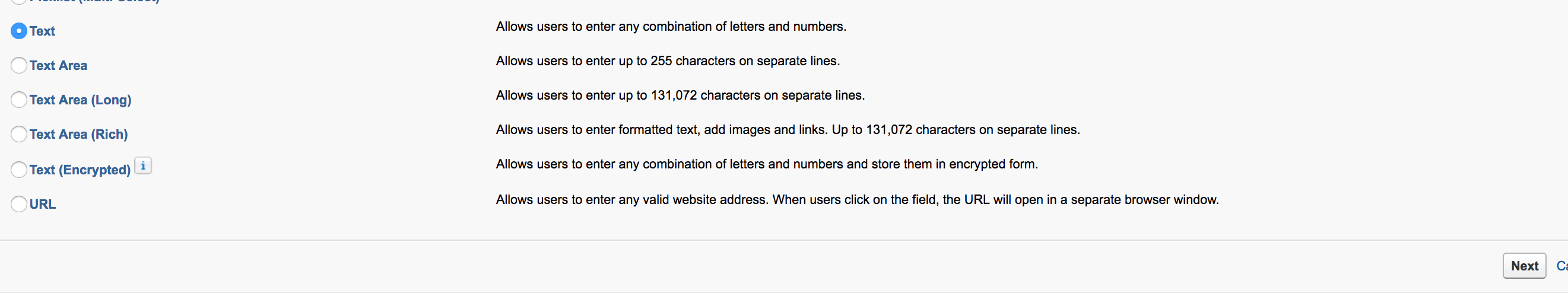 Salesforce - Choose new custom field type