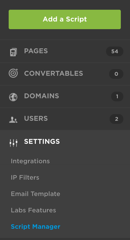 Unbounce Script Manager menu