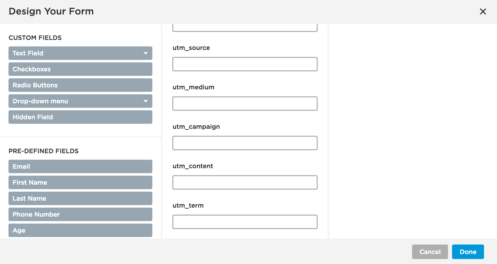 Hidden UTM fields added to the Unbounce form