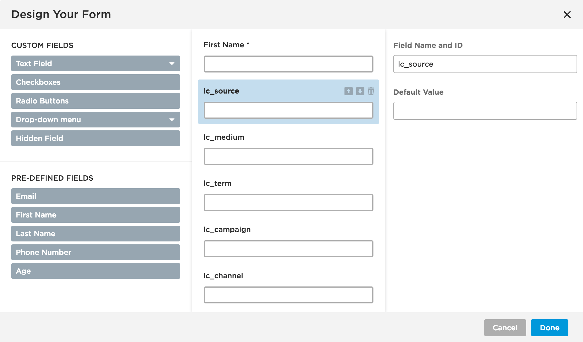 Hidden fields added to the Unbounce form