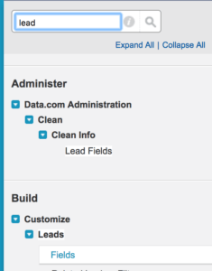 Salesforce Lead fields search screenshot