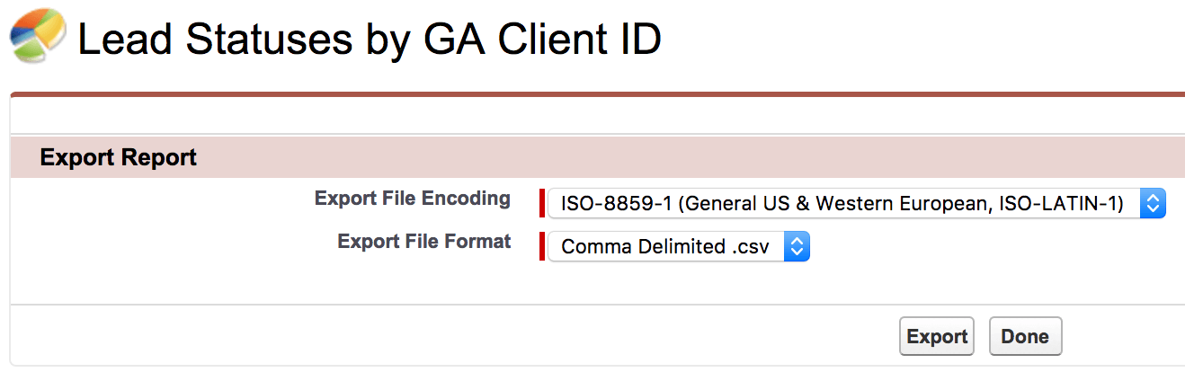 Salesforce export menu (to generate a file for Google Analytics import)