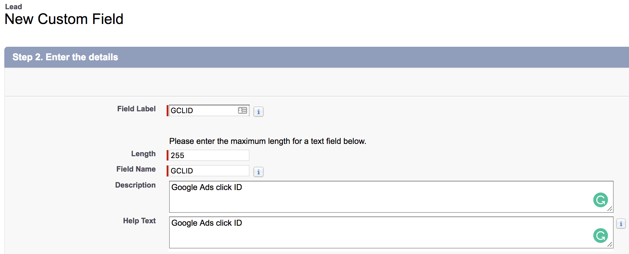 Create GCLID field in Salesforce