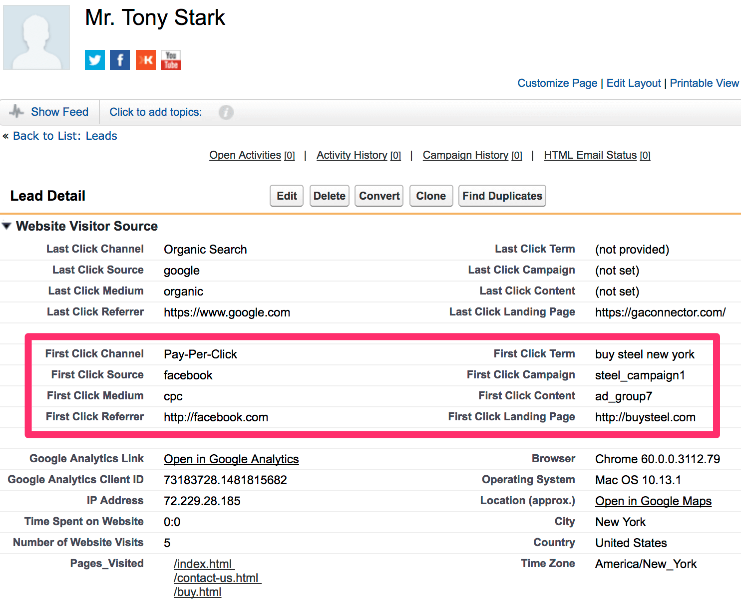 Facebook ads tracking info in Salesforce