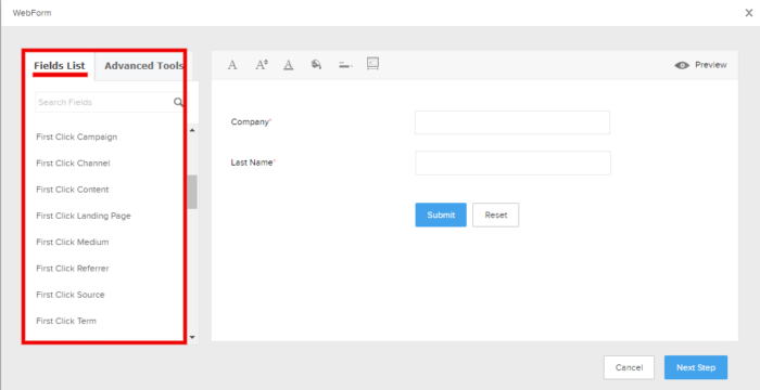 Zoho webform Field List