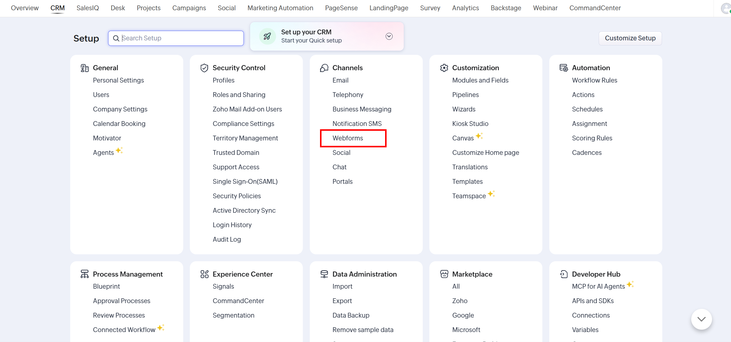 Webforms located under channels section