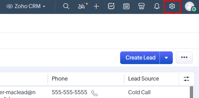 Zoho CRM, Click on “Settings