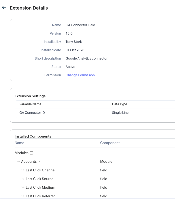 Zoho crm extension details
