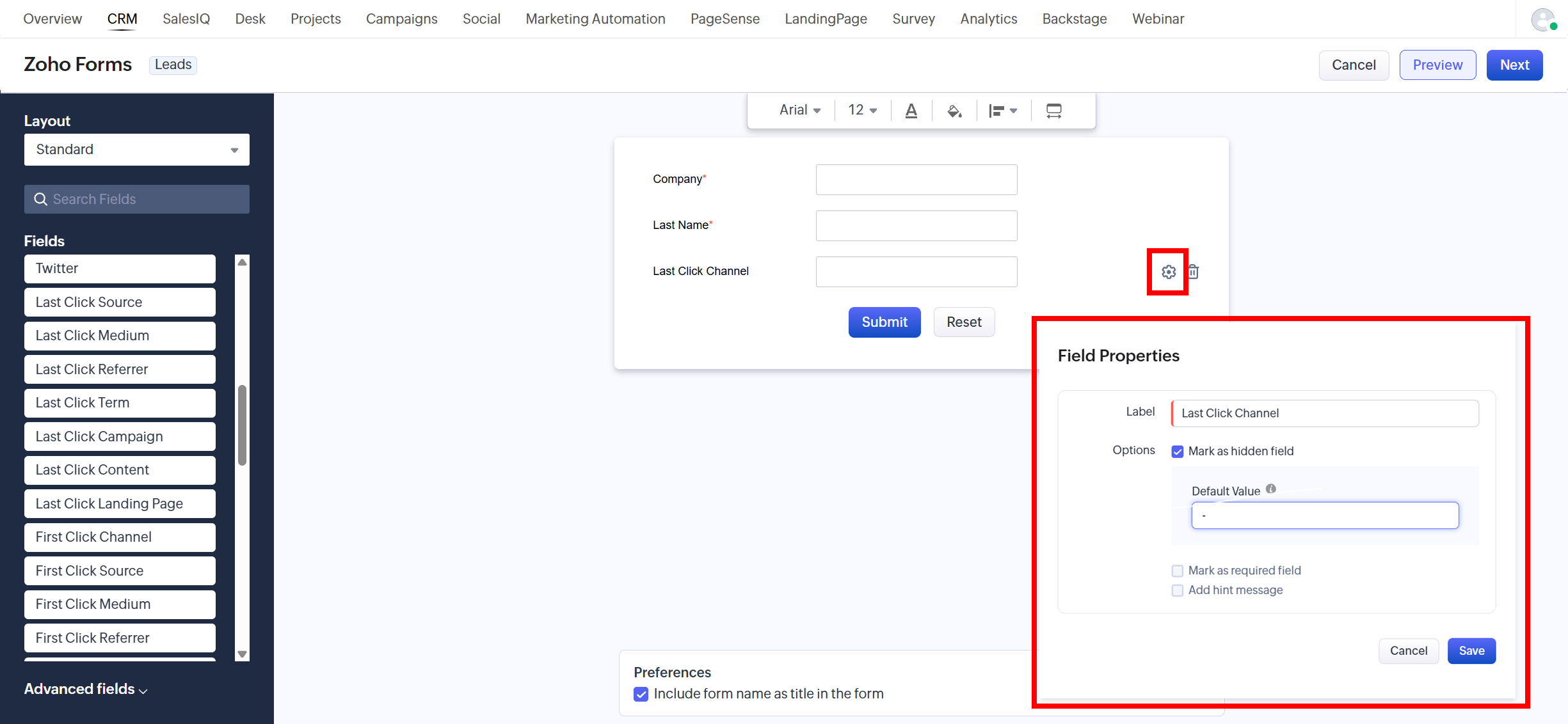 Set zoho form field to hidden