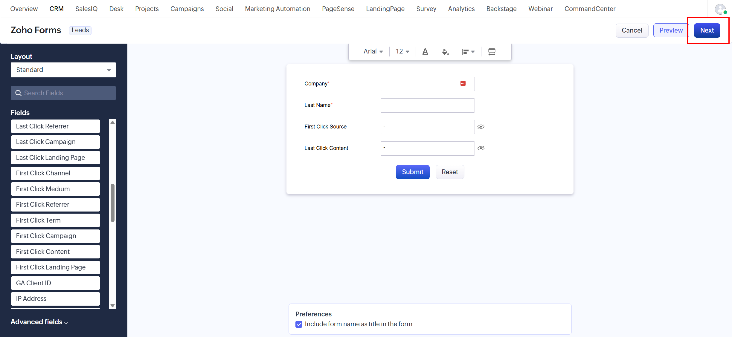 Zoho forms next step