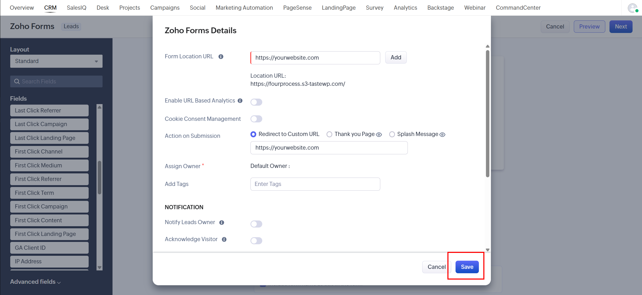 Zoho save form