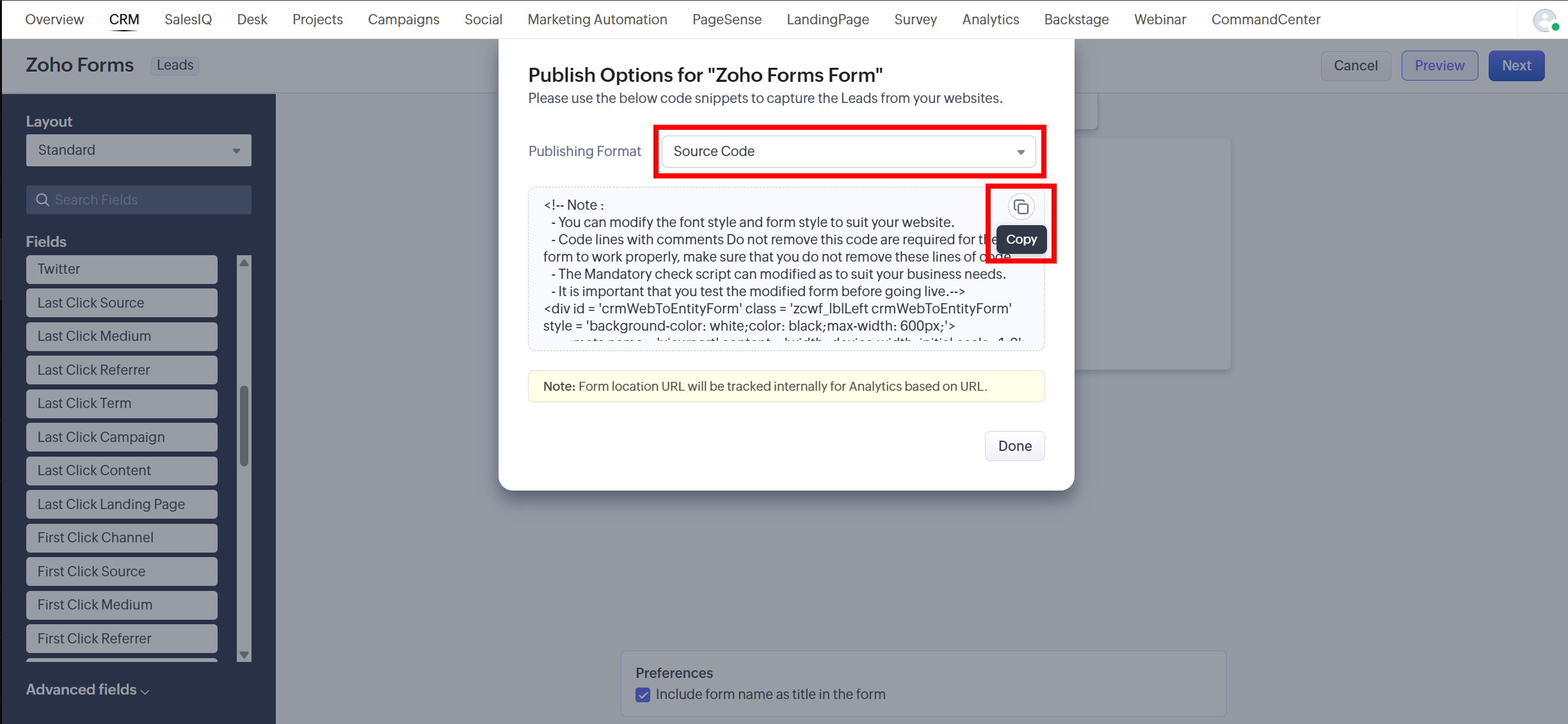 Zoho webform source code embed