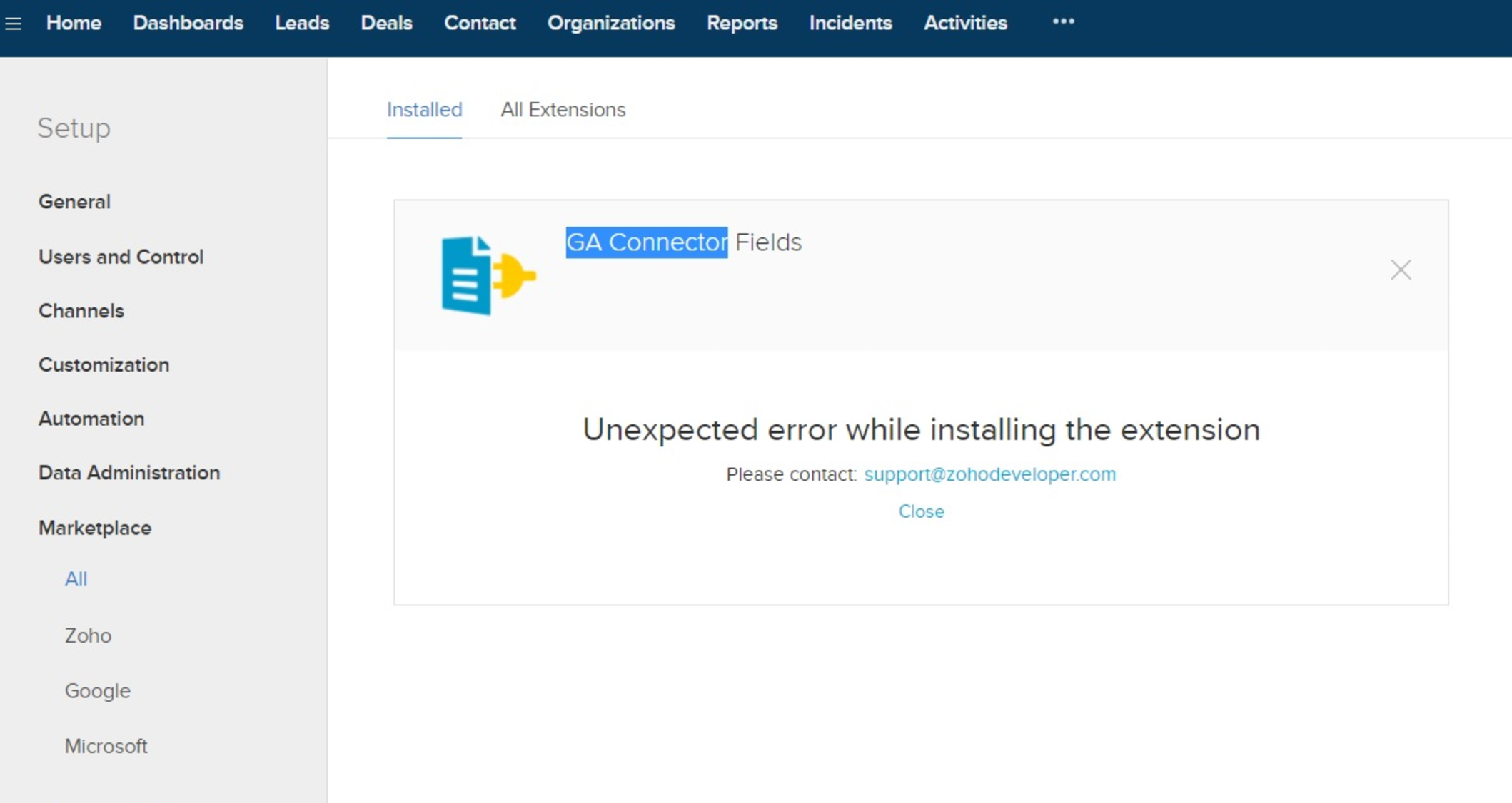 Zoho CRM unexpected error while installing the extension