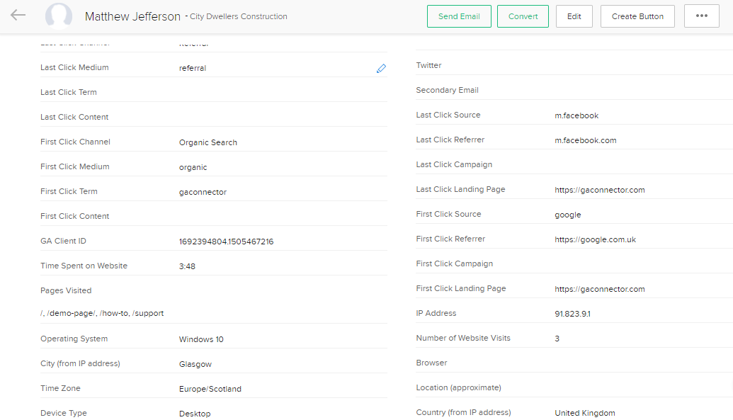 GA connector fields in Zoho CRM