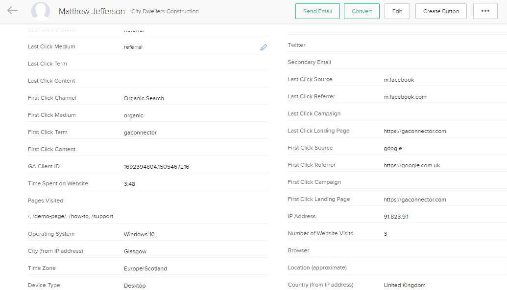 GA Connector fields in Zoho CRM