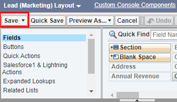 Save button Salesforce Lead layout