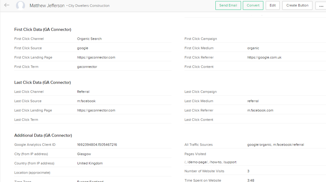 GA Connector fields in Zoho CRM