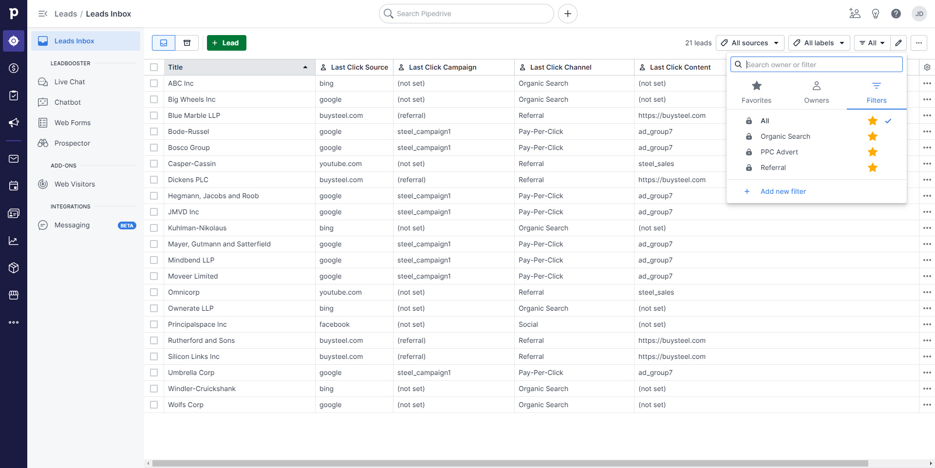 Pipedrive report with UTM parameters