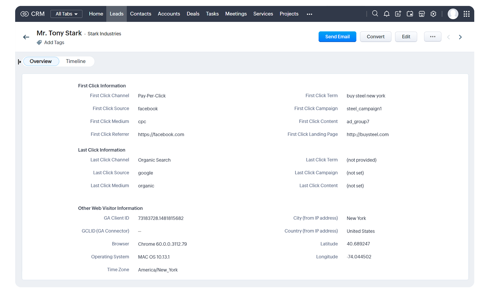 Zoho CRM lead with UTM parameters